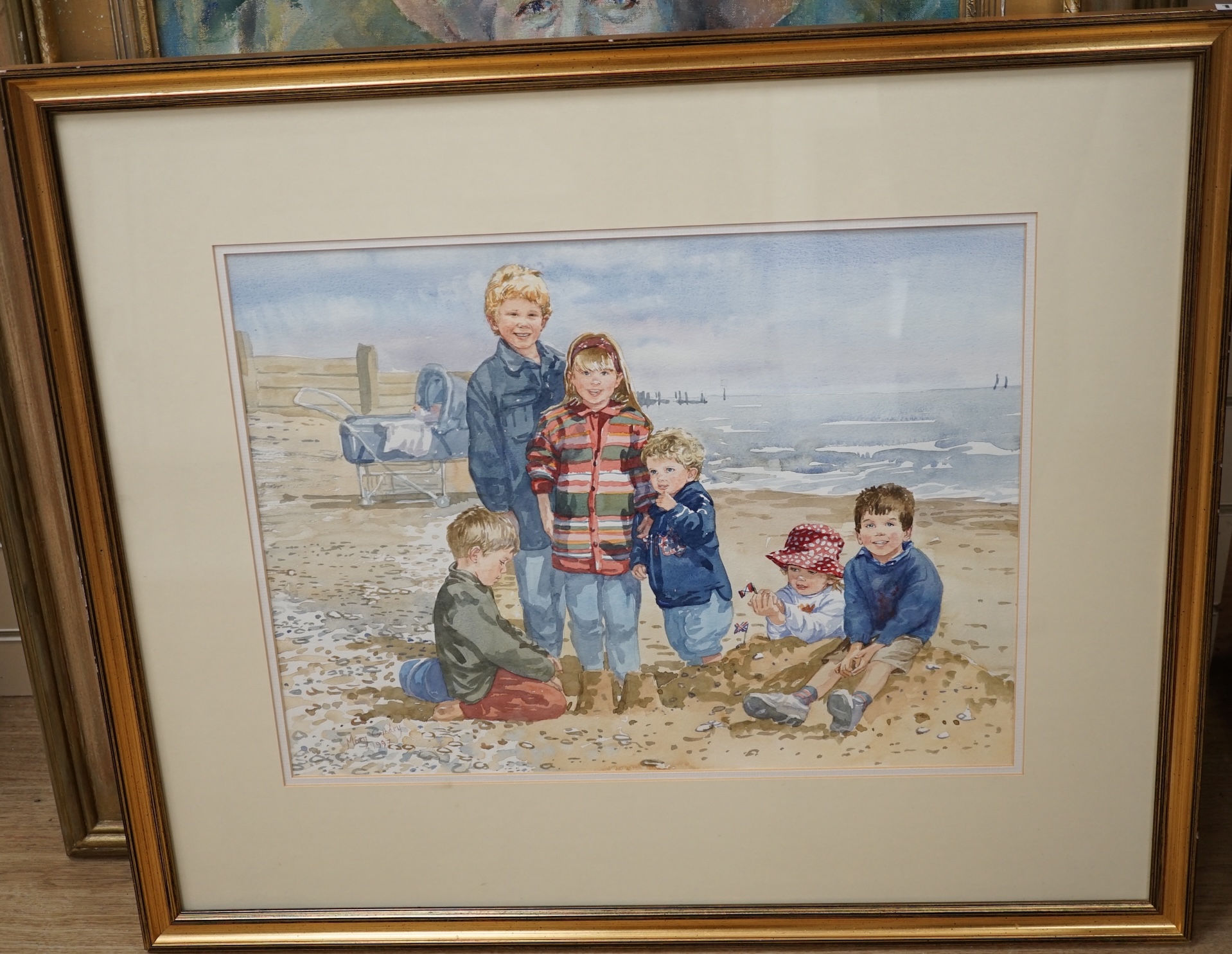 Mary Gundry (20th. C), watercolour, Beach scene with children, signed and dated 1997, 38 x 49cm. Condition - fair